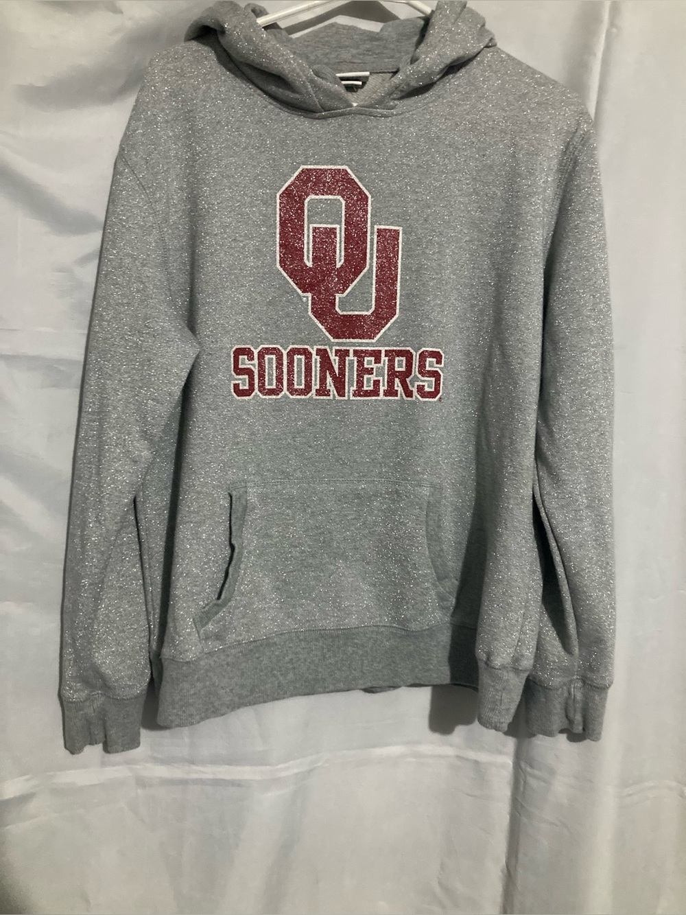 OU Sooners Gray Glitter Hooded Sweatshirt with Maroon Logo